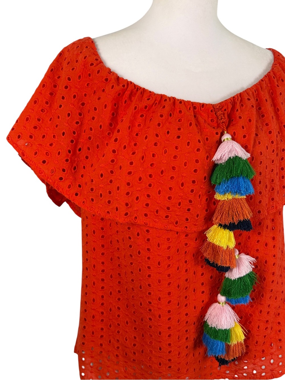 Tru Self Orange-Red Eyelet Off Shoulder Tassel Blouse Medium Boho Resort Top - Picture 3 of 11
